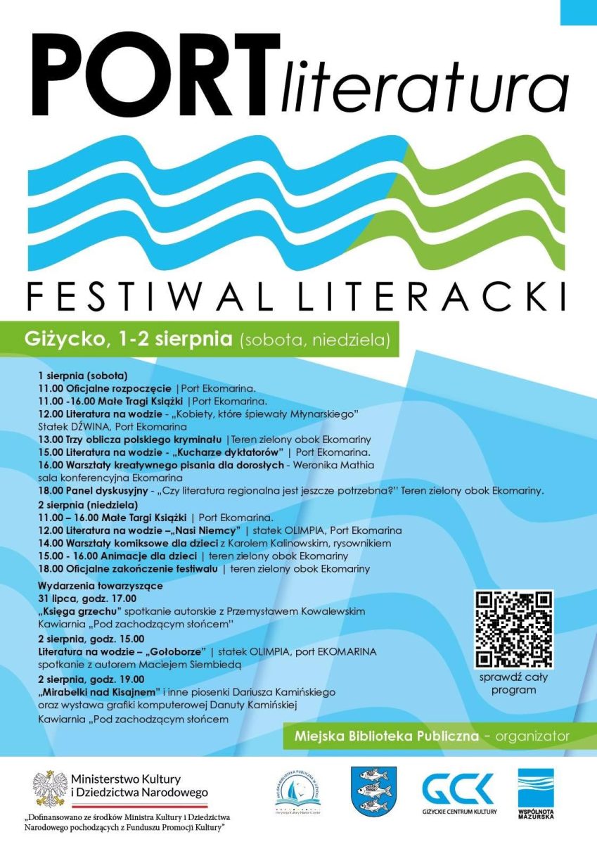 Plakat zapraszający w dniach 1-2 sierpnia 2026 r. do Giżycka na Festiwal Literacki PORTliteratura Giżycko 2026.  
