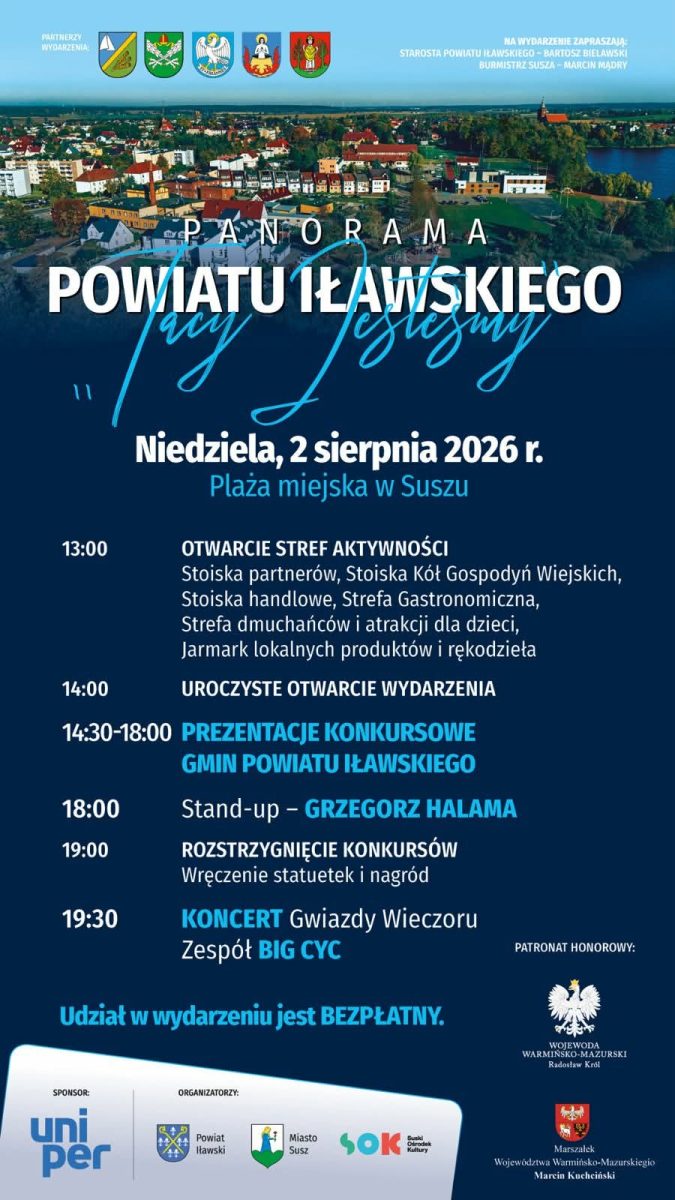 Plakat zapraszający w niedzielę 2 sierpnia 2026 r. do miejscowości Susz na imprezę „Tacy Jesteśmy. Panorama Powiatu Iławskiego 2026” Susz 2026.