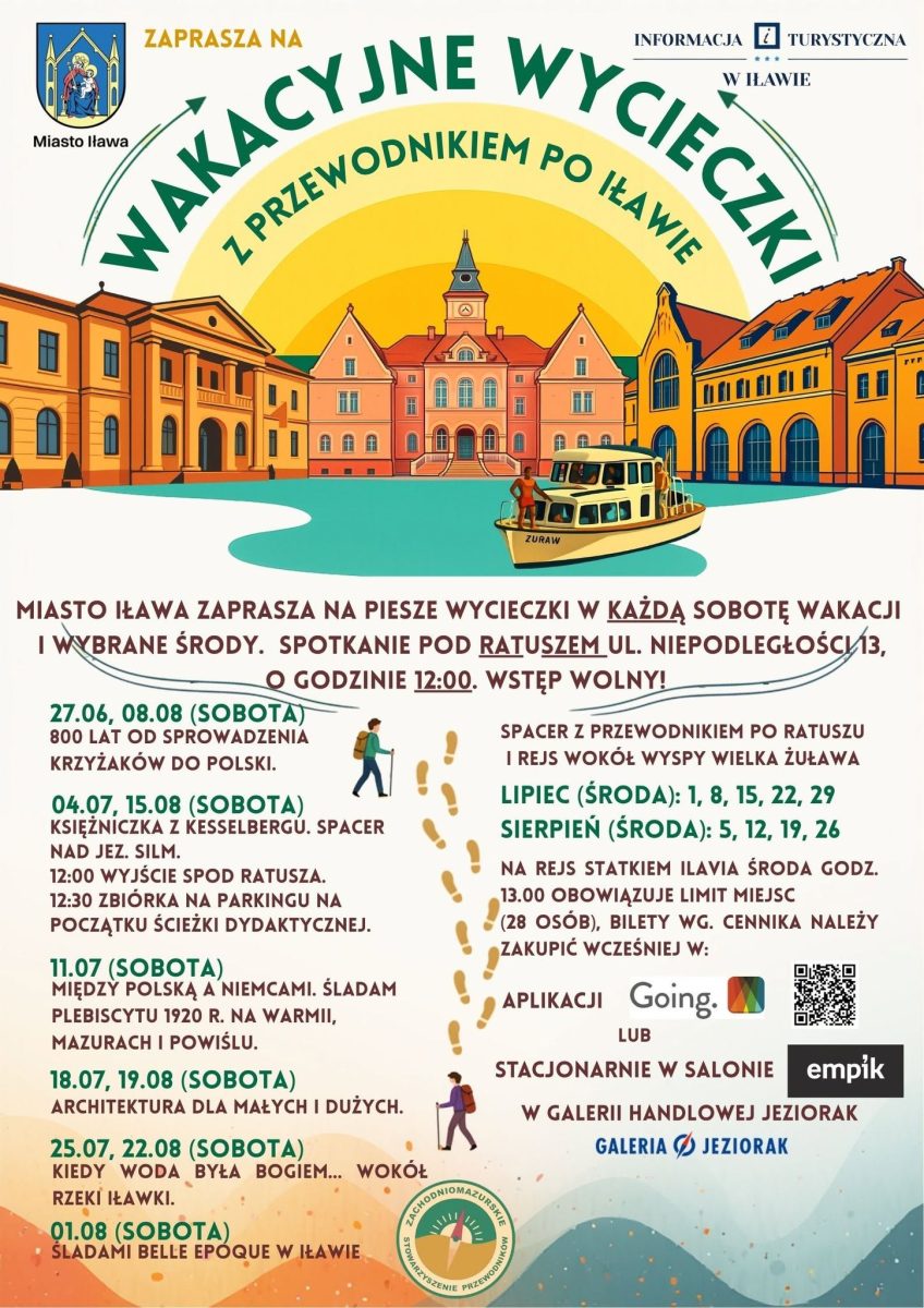 Plakat zapraszający do Iławy na wakacyjne wycieczki z przewodnikiem po Iławie 2026. 