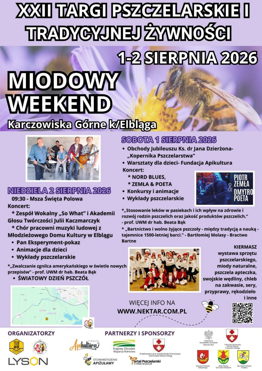 Plakat zapraszający w dniach 1-2 sierpnia 2026 r. do miejscowości Karczowiska Górne k./Elbląga na Targi Pszczelarskie i Tradycyjnej Żywności Karczowiska Górne k/Elbląga 2026. 