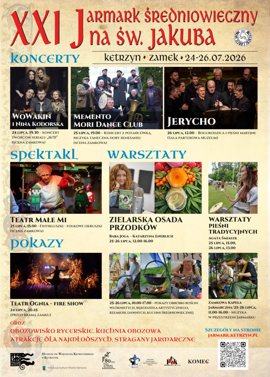 Plakat zapraszający w dniach 24-26 lipca 2026 r. do Kętrzyna na Jarmark Średniowieczny na Św. Jakuba Kętrzyn 2026.