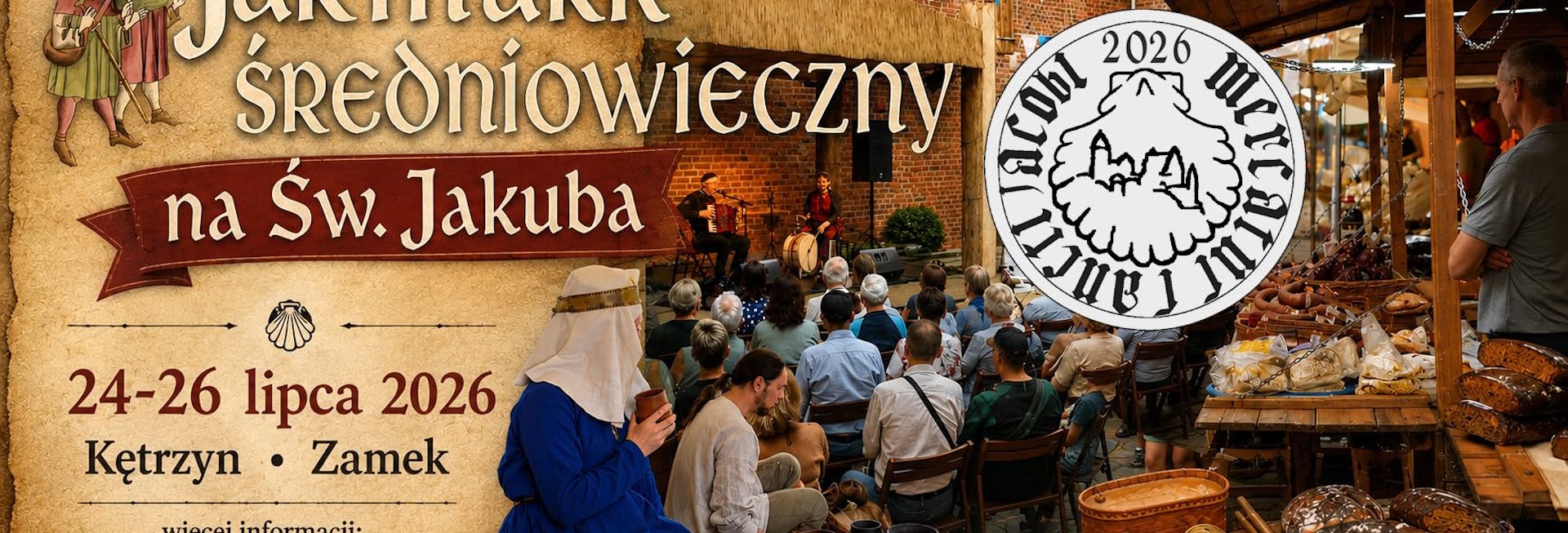 Plakat zapraszający w dniach 24-26 lipca 2026 r. do Kętrzyna na Jarmark Średniowieczny na Św. Jakuba Kętrzyn 2026.