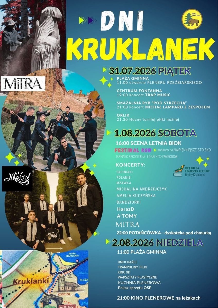 Plakat zapraszający w dniach od 31 lipca do 2 sierpnia 2026 r. do miejscowości Kruklanki w powiecie giżyckim na Dni Kruklanek 2026. 