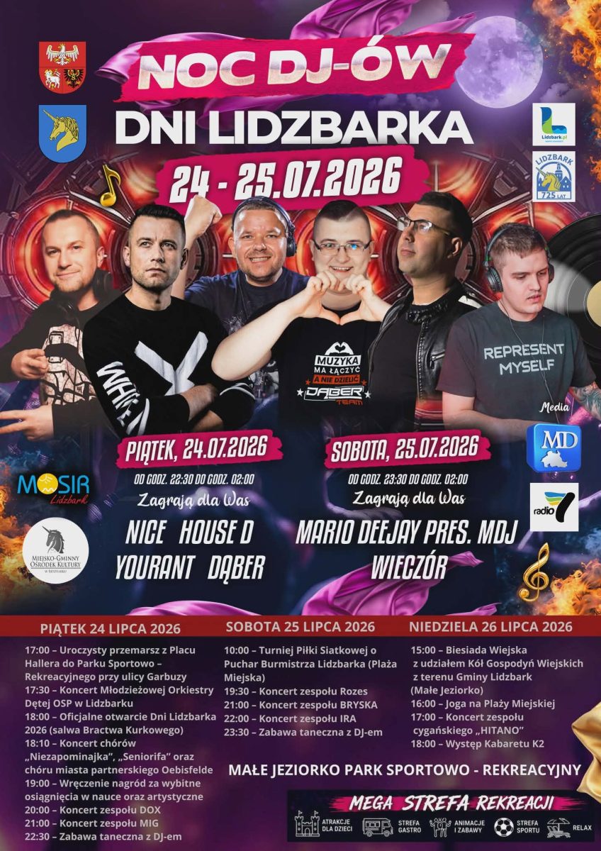 Plakat zapraszający w dniach 24-26 lipca 2026 r. do Lidzbarka na Dni Lidzbarka 2026.
