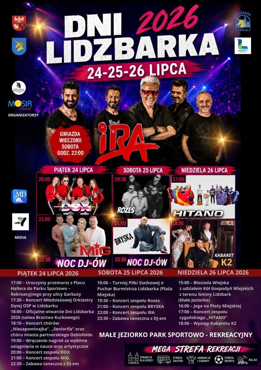 Plakat zapraszający w dniach 24-26 lipca 2026 r. do Lidzbarka na Dni Lidzbarka 2026.