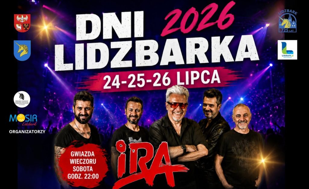 Plakat zapraszający w dniach 24-26 lipca 2026 r. do Lidzbarka na Dni Lidzbarka 2026.