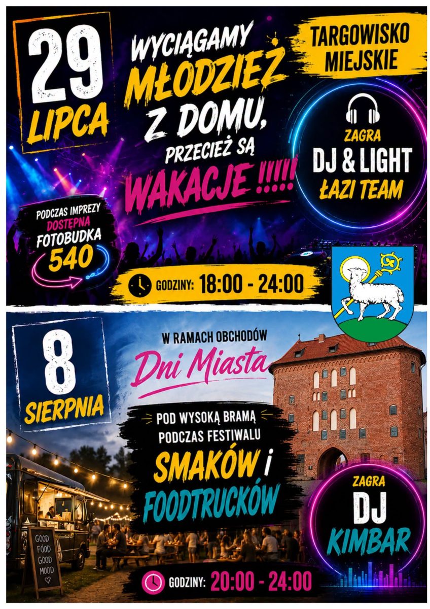 Plakat zapraszający w środę 29 lipca 2026 r. i 8 sierpnia 2026 r. do Lidzbarka Warmińskiego na Wakacyjne Zabawy Taneczne i Dni Lidzbarka Warmińskiego 2026. 