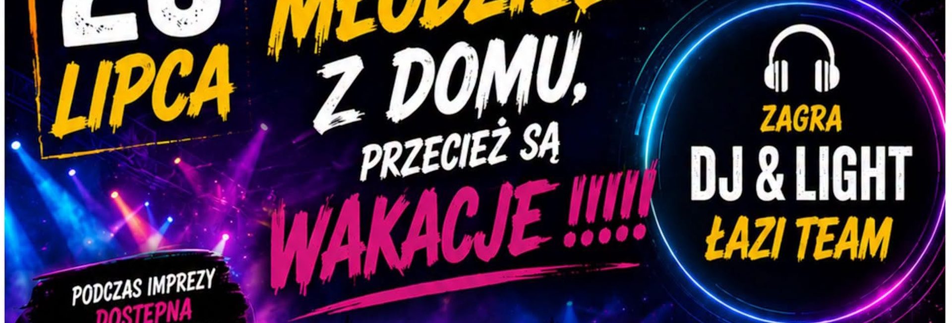 Plakat zapraszający w środę 29 lipca 2026 r. do Lidzbarka Warmińskiego na Wakacyjne Zabawy Taneczne Lidzbark Warmiński 2026. 