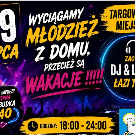 Plakat zapraszający w środę 29 lipca 2026 r. do Lidzbarka Warmińskiego na Wakacyjne Zabawy Taneczne Lidzbark Warmiński 2026. 