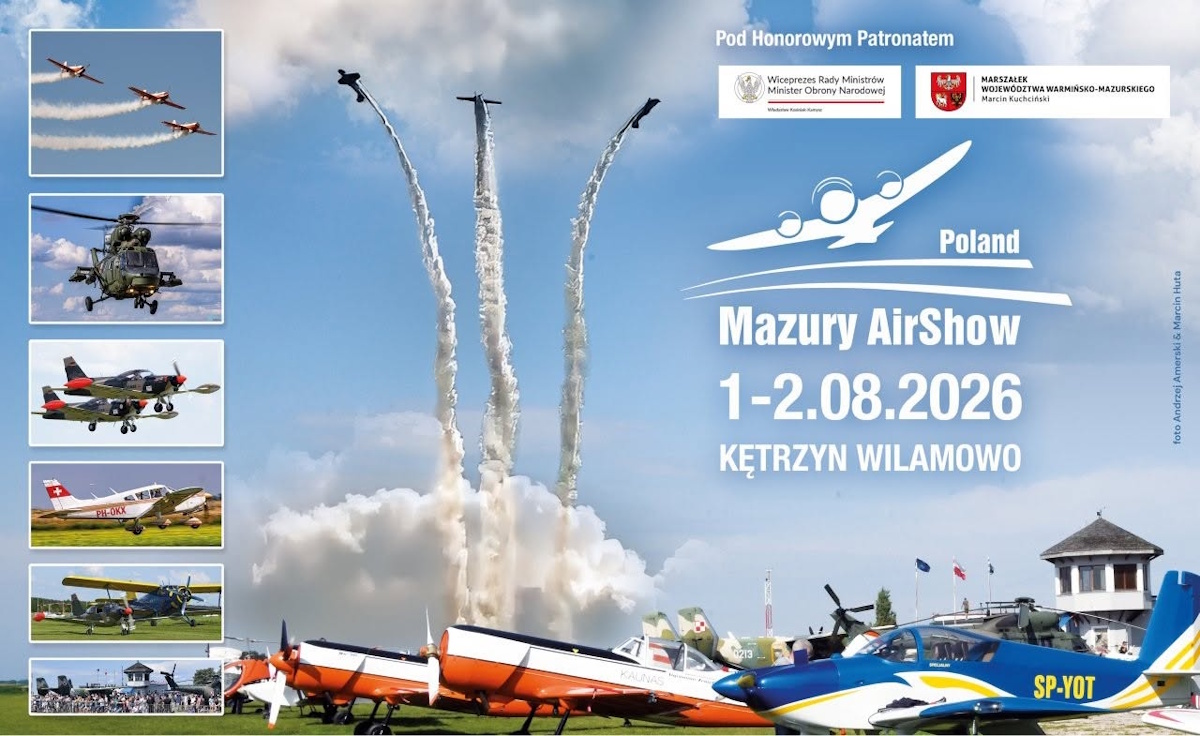 Plakat zapraszający w dniach 1-2 sierpnia 2026 r. na Lotnisko Wilamowo Kętrzyn na 25. edycję Mazury AirShow 2026.