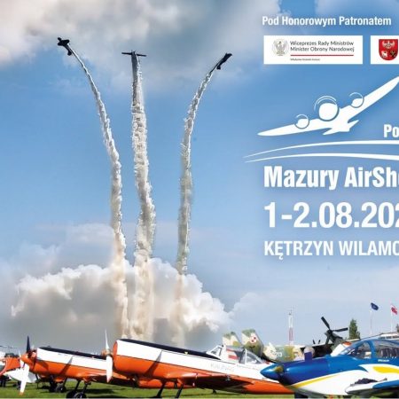 Plakat zapraszający w dniach 1-2 sierpnia 2026 r. na Lotnisko Wilamowo Kętrzyn na 25. edycję Mazury AirShow 2026.