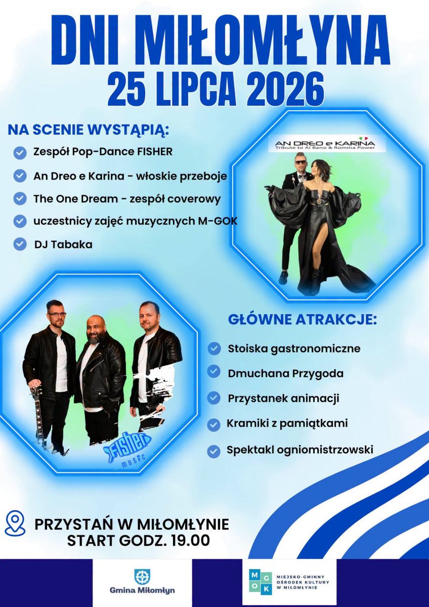 Plakat zapraszający w sobotę 25 lipca 2026 r. do Miłomłyna na Dni Miłomłyna 2026.