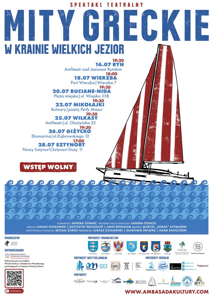 Plakat zapraszający na spektakl plenerowy „Mity Greckie w Krainie Wielkich Jezior” 2026. 