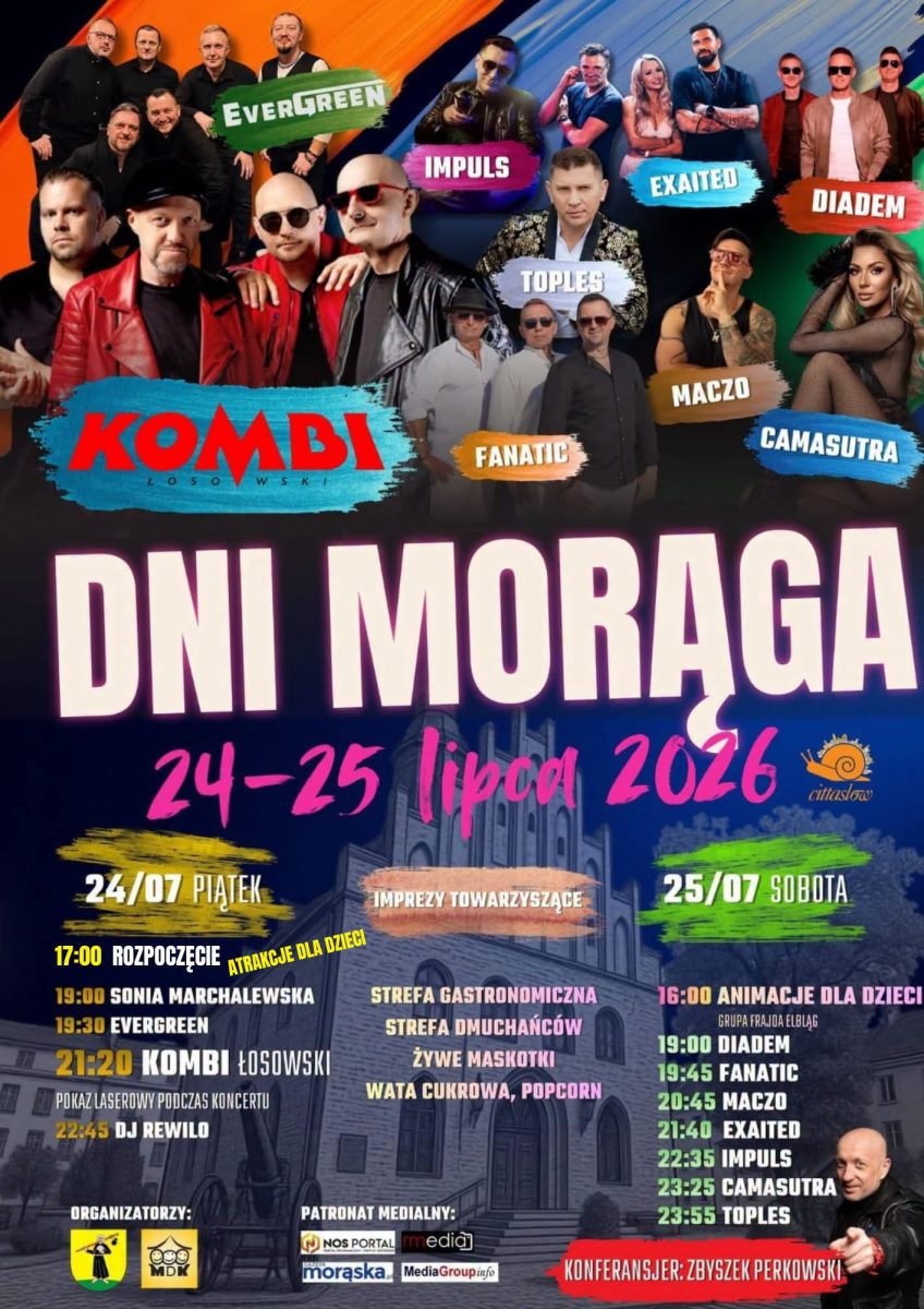 Plakat zapraszający w dniach 24-25 lipca 2026 r. do Morąga na Dni Morąga 2026. 