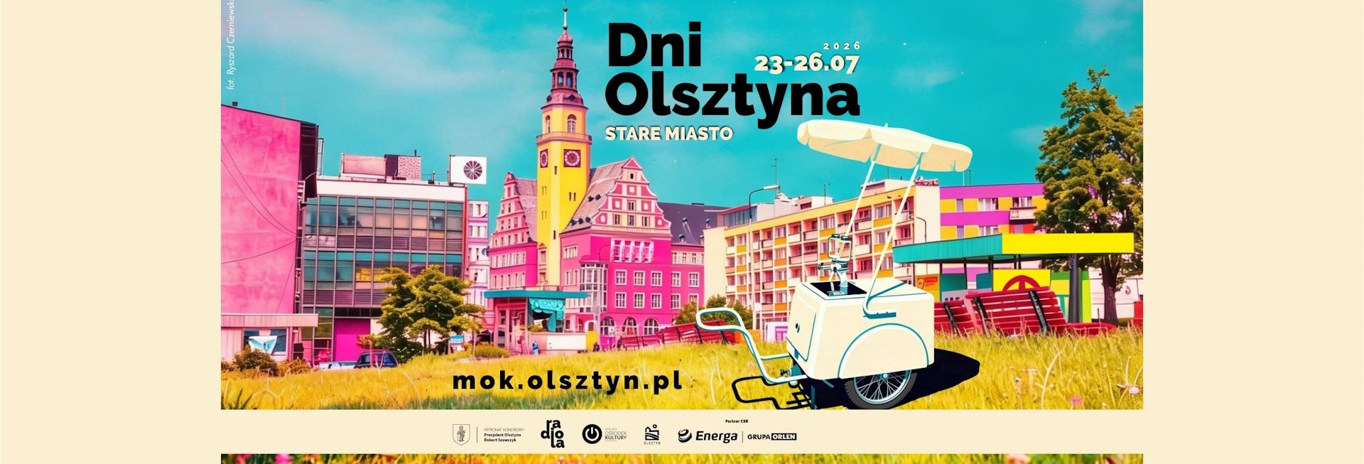 Plakat zapraszający w dniach 23-26 lipca 2026 r. do Olsztyna na kolejną edycję imprezy Dni Olsztyna 2026. 