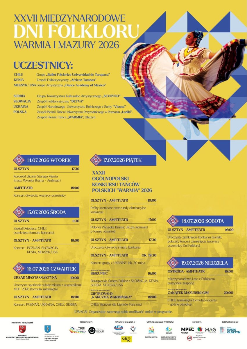 Plakat zapraszający w dniach 14-19 lipca 2026 r. do Olsztyna na Międzynarodowe Dni Folkloru „WARMIA i MAZURY 2026”. 
