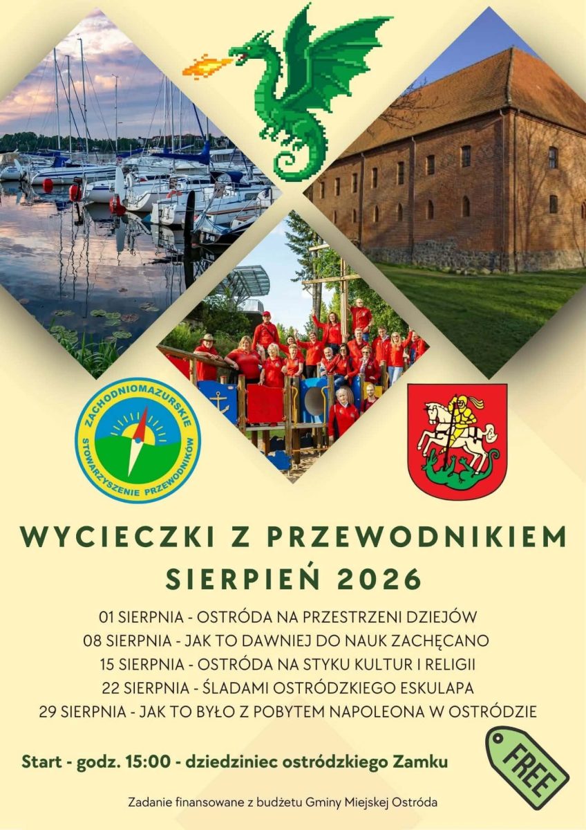Plakat zapraszający w sierpniu 2026 r. do Ostródy na Wycieczkę z Przewodnikiem po Ostródzie 2026.