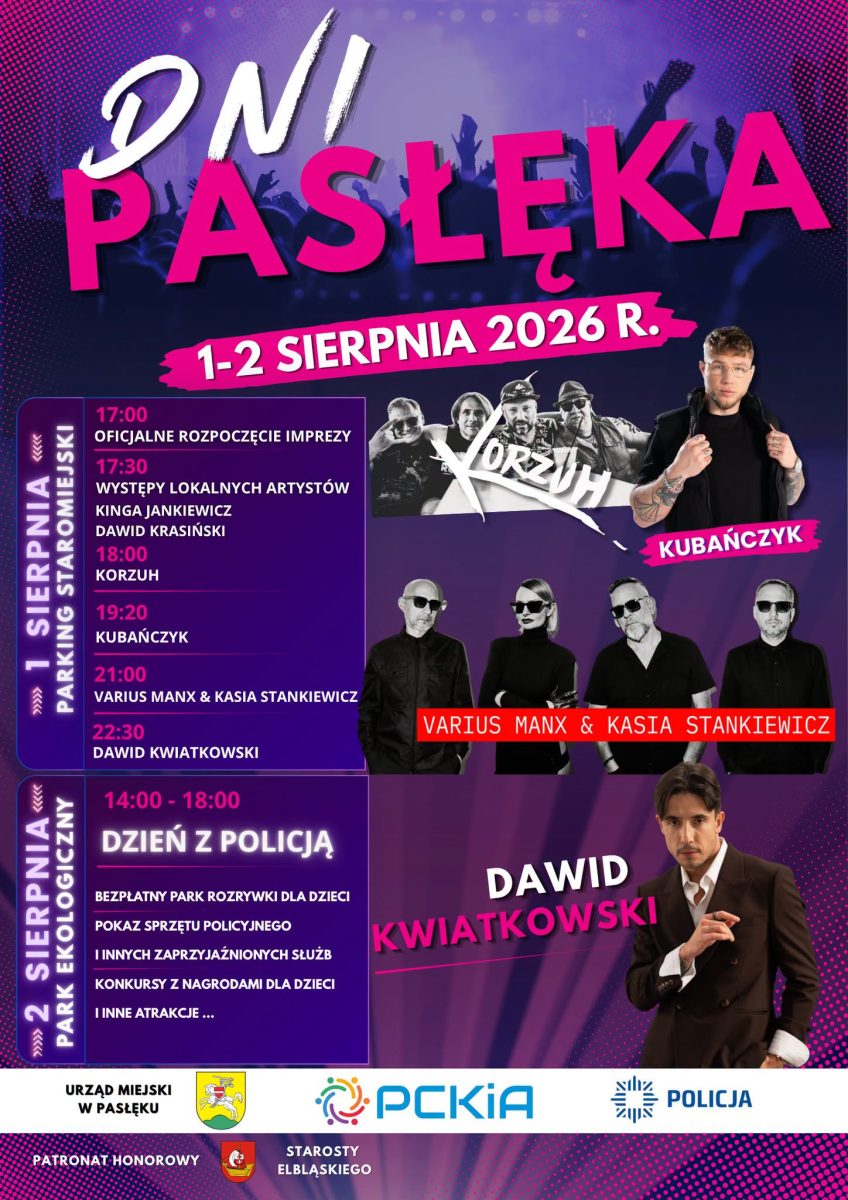 Plakat zapraszający w dniach 1-2 sierpnia 2026 r. do Pasłęka na Dni Pasłęka 2026. 