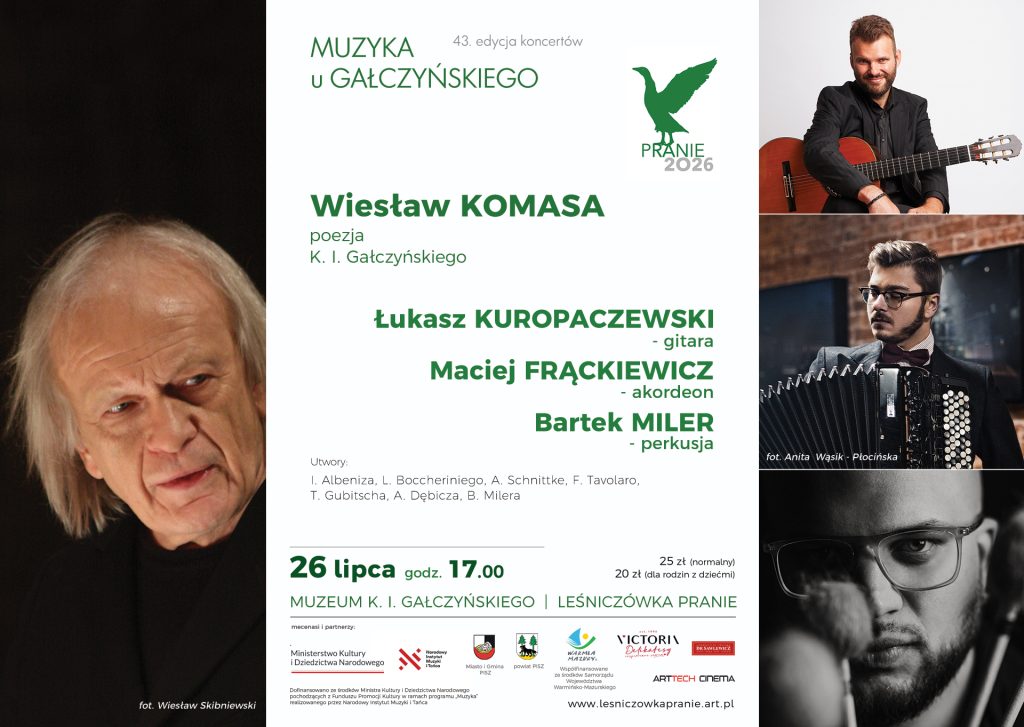 Plakat zapraszający w niedzielę 26 lipca 2026 r. do miejscowości Pranie w gminie Ruciane-Nida na Letni Sezon Artystyczny - Koncert „Muzyka u Gałczyńskiego” Leśniczówka Pranie 2026. 