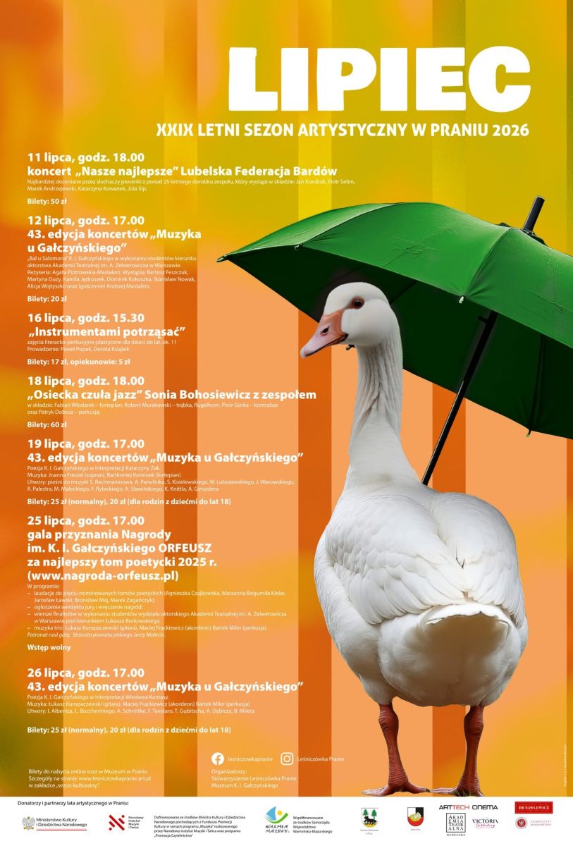 Plakat zapraszający do miejscowości Pranie w gminie Ruciane-Nida na Letni Sezon Artystyczny. Program imprez w lipcu 2026 r. w Leśniczówce Pranie. 