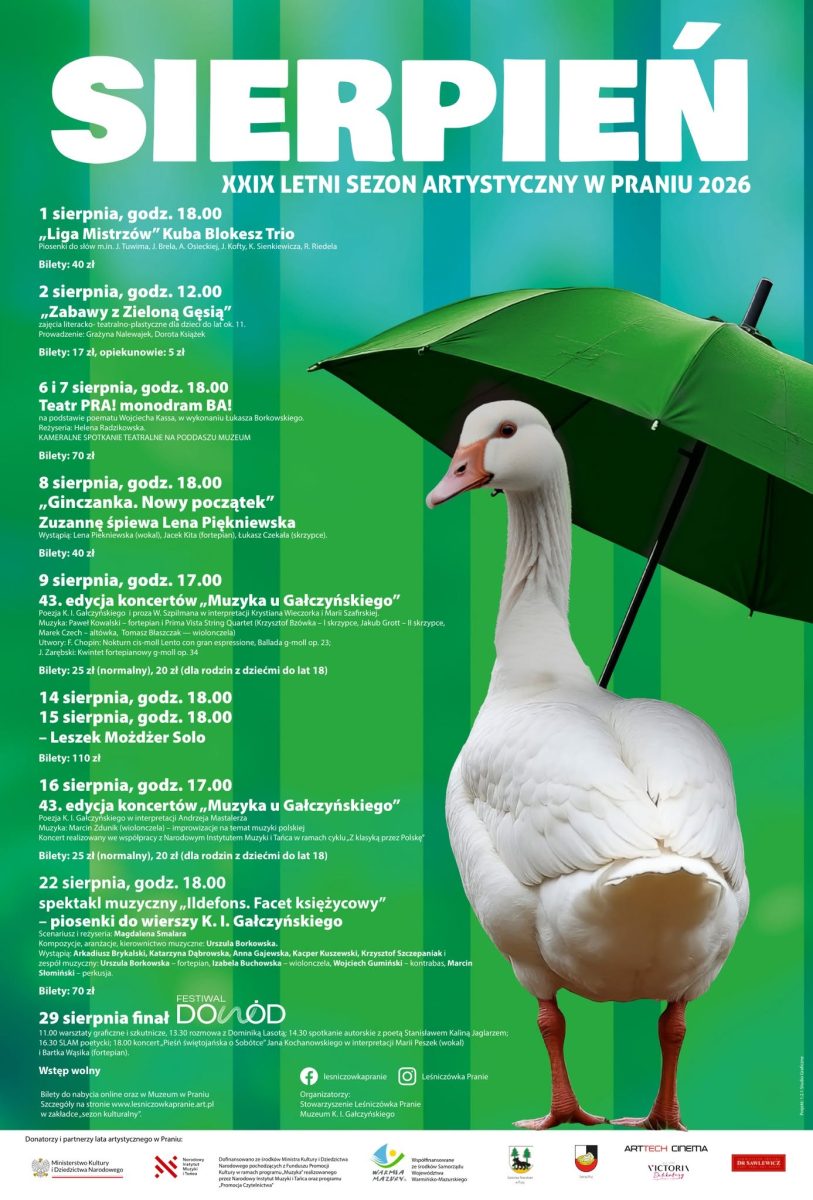 Plakat zapraszający do miejscowości Pranie w gminie Ruciane-Nida na Letni Sezon Artystyczny. Program imprez w sierpniu 2026 r. w Leśniczówce Pranie. 