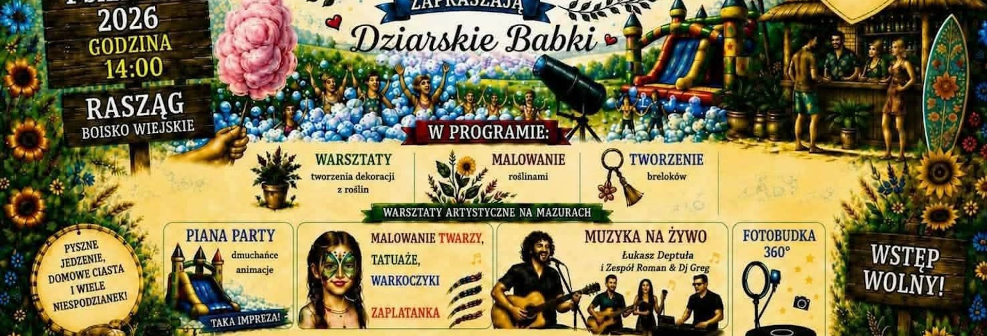 Plakat zapraszający w sobotę 1 sierpnia 2026 r. do miejscowości Rasząg w gminie Biskupiec na Letni Festyn w Raszągu 2026.  