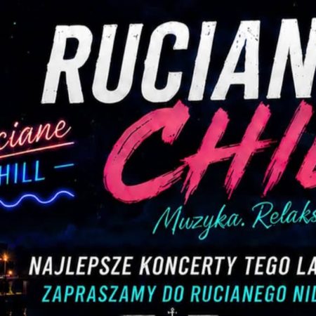 Plakat zapraszający w każdy piątek wakacji 2026 r. do Rucianego-Nidy na Ruciane CHILL 2026 "Lato pełne muzyki i niezapomnianych emocji!" Ruciane-Nida 2026. 