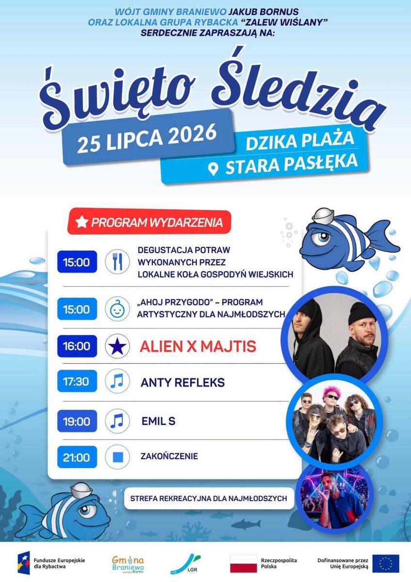 Plakat zapraszający w sobotę 25 lipca 2026 r. do miejscowości Stara Pasłęka w gminie Braniewo na Święto Śledzia Stara Pasłęka 2026. 