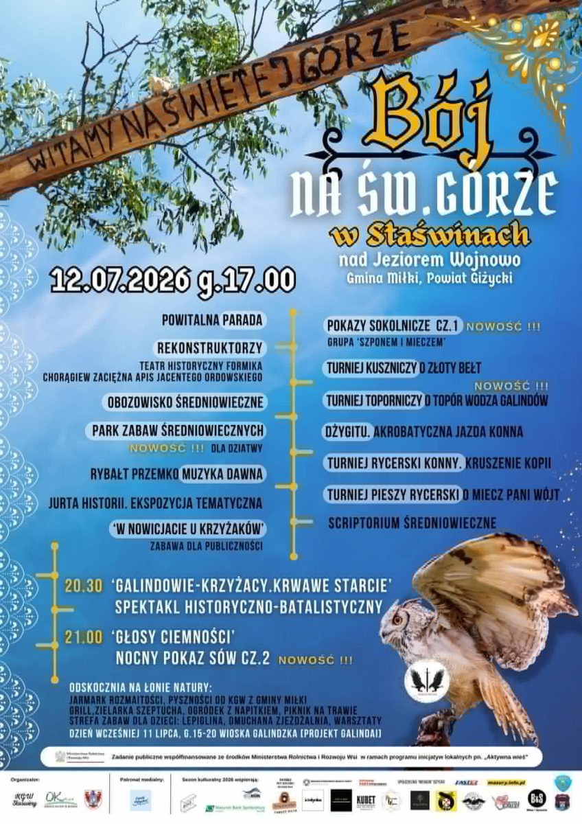 Plakat zapraszający w niedzielę 12 lipca 2026 r. do miejscowości Staświny w gminie Miłki na Bój na Świętej Górze w Staświnach Staświny 2026.