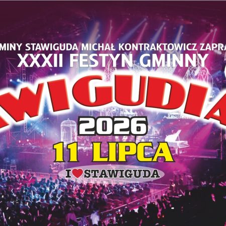 Plakat zapraszający w sobotę 11 lipca 2026 r. do Stawigudy na Festyn Gminny Stawigudiada 2026.
