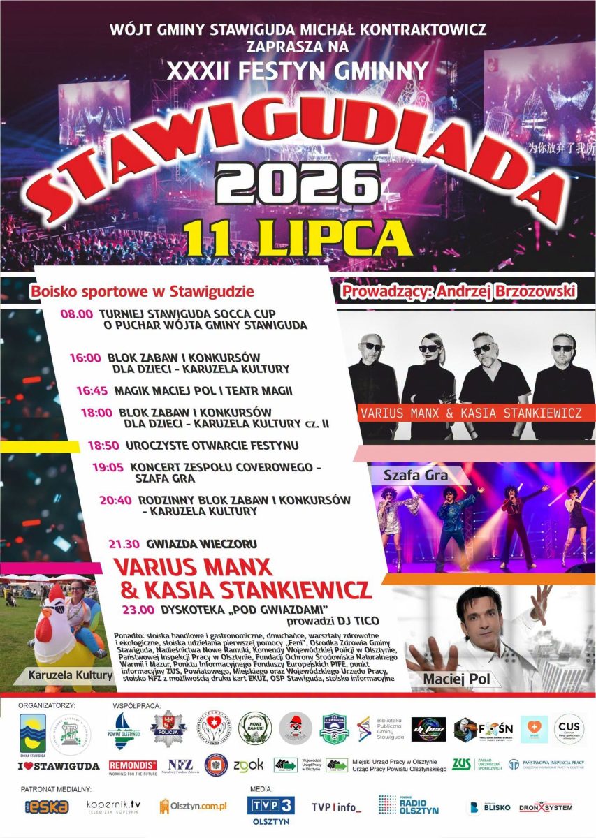 Plakat zapraszający w sobotę 11 lipca 2026 r. do Stawigudy na Festyn Gminny Stawigudiada 2026. 