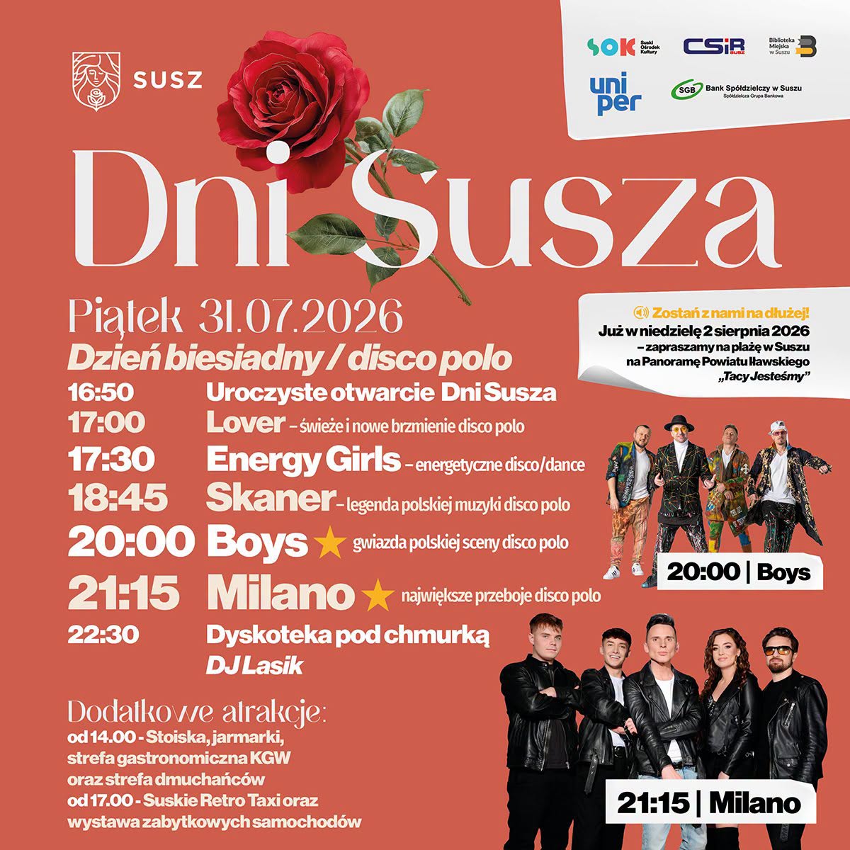 Plakat zapraszający w dniach od 31 lipca do 2 sierpnia 2026 r. do miejscowości Susz na Dni Susza 2026.  