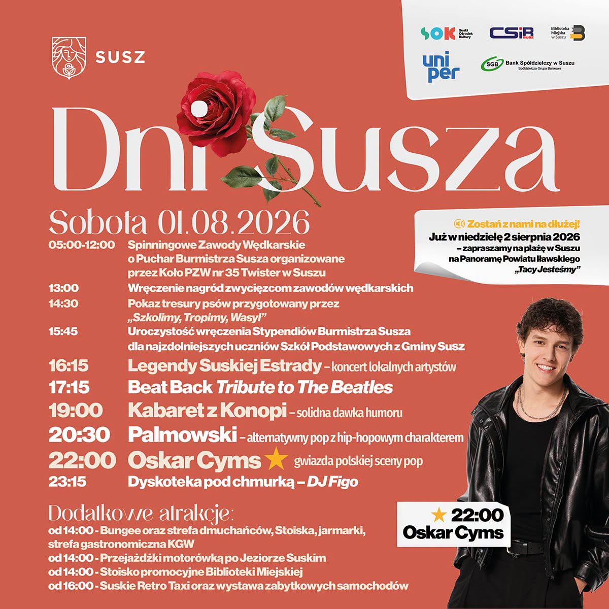 Plakat zapraszający w dniach od 31 lipca do 2 sierpnia 2026 r. do miejscowości Susz na Dni Susza 2026.  