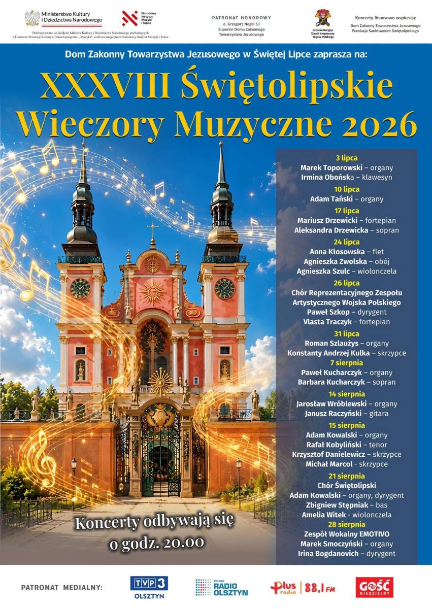 Plakat zapraszający do Św. Lipki na 38. edycję Świętolipskich Wieczorów Muzycznych - Św. Lipka 2026.