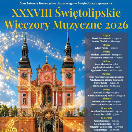 Plakat zapraszający do Św. Lipki na 38. edycję Świętolipskich Wieczorów Muzycznych - Św. Lipka 2026.