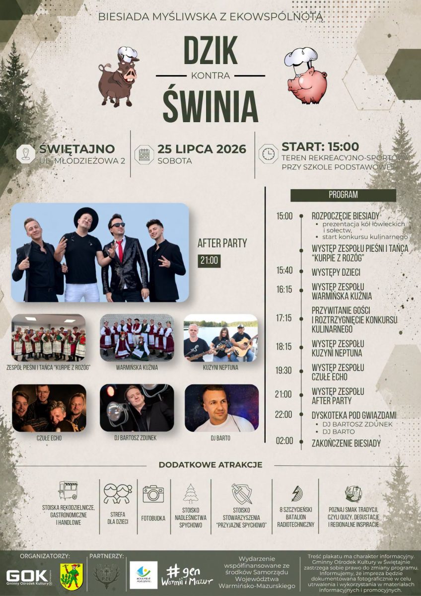 Plakat zapraszający w sobotę 25 lipca 2026 r. do Świętajna na Biesiadę Myśliwską z EKOwspólnotą – DZIK KONTRA ŚWINIA! Świętajno 2026.