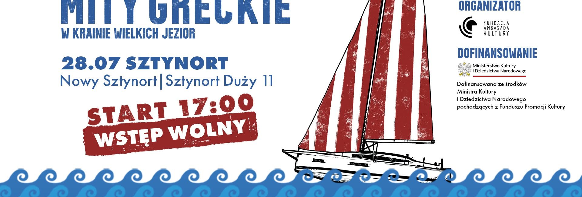 Plakat zapraszający we wtorek 28 lipca 2026 r. do Sztynortu na spektakl plenerowy „Mity Greckie w Krainie Wielkich Jezior” Sztynort 2026. 