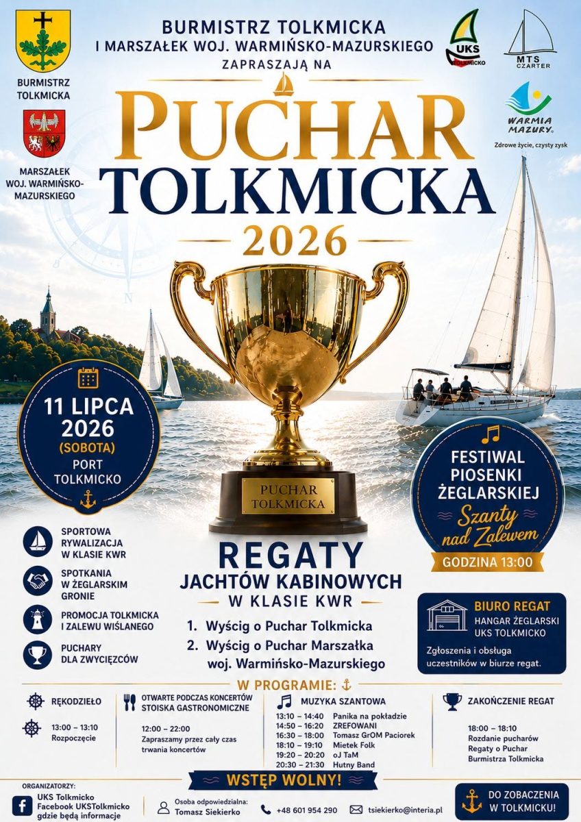 Plakat zapraszający w sobotę 11 lipca 2026 r. do Tolkmicka na Regaty Jachtów Kabinowych w klasie KWR – Puchar Tolkmicka 2026. 