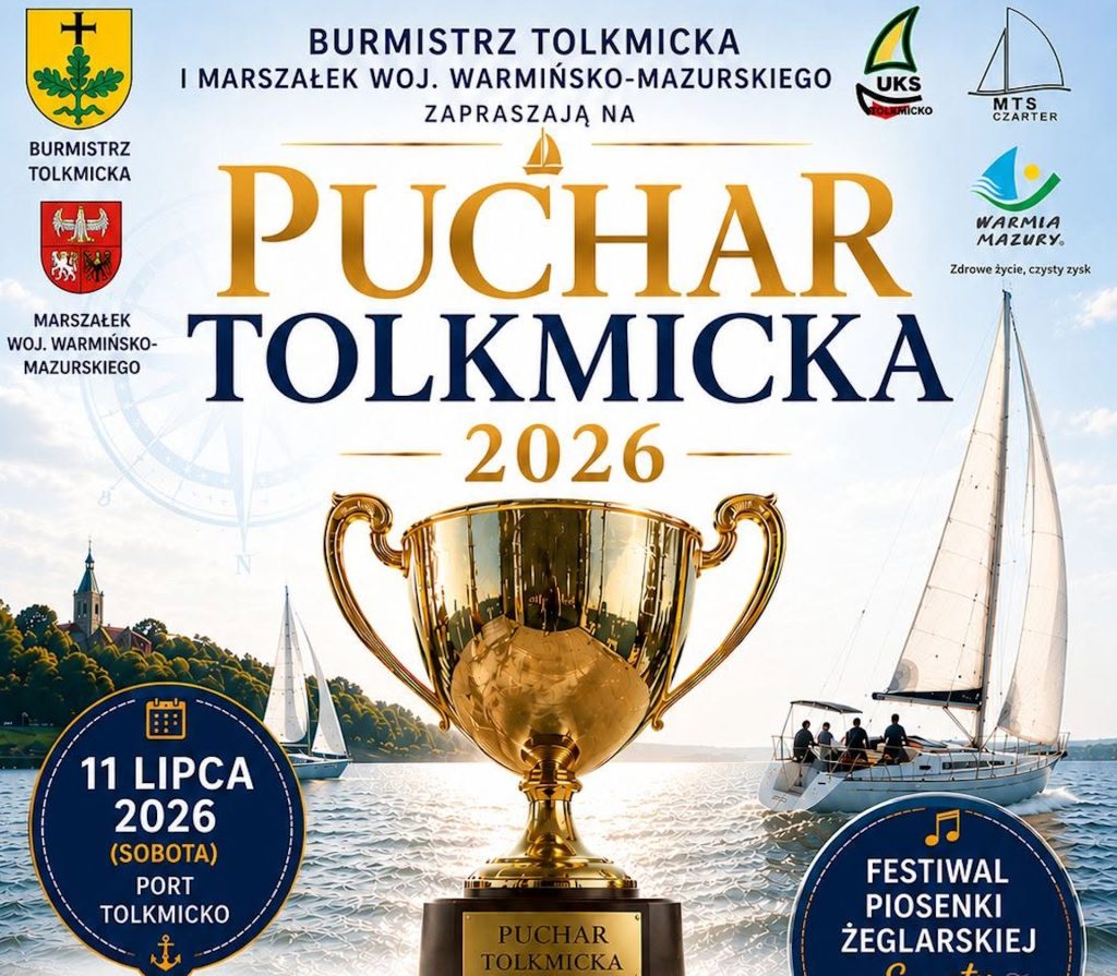 Plakat zapraszający w sobotę 11 lipca 2026 r. do Tolkmicka na Regaty Jachtów Kabinowych w klasie KWR – Puchar Tolkmicka 2026. 