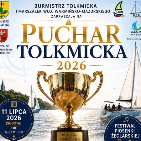Plakat zapraszający w sobotę 11 lipca 2026 r. do Tolkmicka na Regaty Jachtów Kabinowych w klasie KWR – Puchar Tolkmicka 2026. 