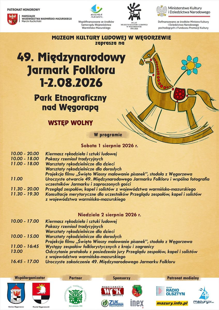 Plakat zapraszający w dniach 1-2 sierpnia 2026 r. do Węgorzewa na Międzynarodowy Jarmark Folkloru Węgorzewo 2026. 