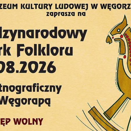 Plakat zapraszający w dniach 1-2 sierpnia 2026 r. do Węgorzewa na Międzynarodowy Jarmark Folkloru Węgorzewo 2026. 