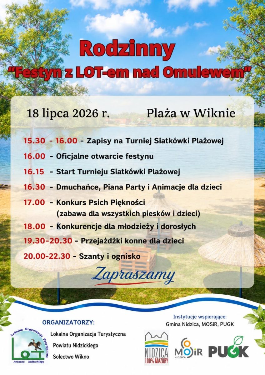 Plakat zapraszający w sobotę 18 lipca 2026 r. do miejscowości Wikno w gminie Nidzica na rodzinny “Festyn z LOT-em nad Omulewem” Plaża Wikno 2026. 