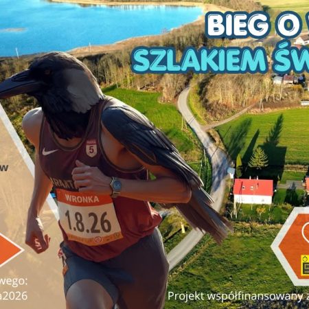 Plakat zapraszający w sobotę 1 sierpnia 2026 r. do miejscowości Wronka k. Giżycka na Bieg o Wronkę Szlakiem Świętego Jakuba Wronka k. Giżycka 2026.