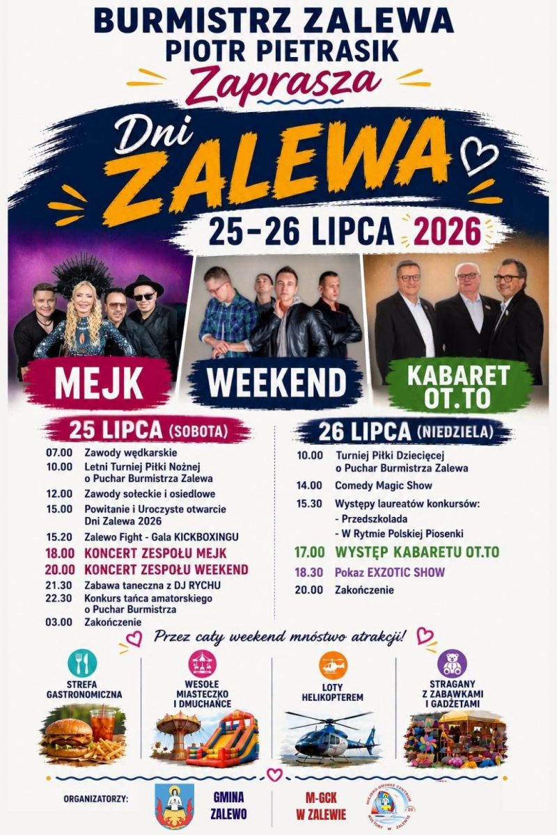 Plakat zapraszający w dniach 25-26 lipca 2026 r. do Zalewa na Dni Zalewa 2026.