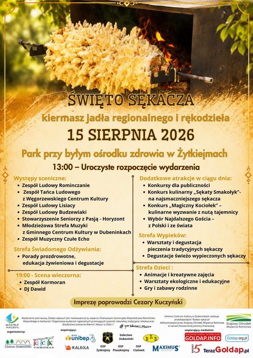 Plakat zapraszający w sobotę 15 sierpnia 2026 r. do miejscowości Żytkiejmy w powiecie gołdapskim, w gminie Dubeninki na Święto Sękacza Żytkiejmy 2026.