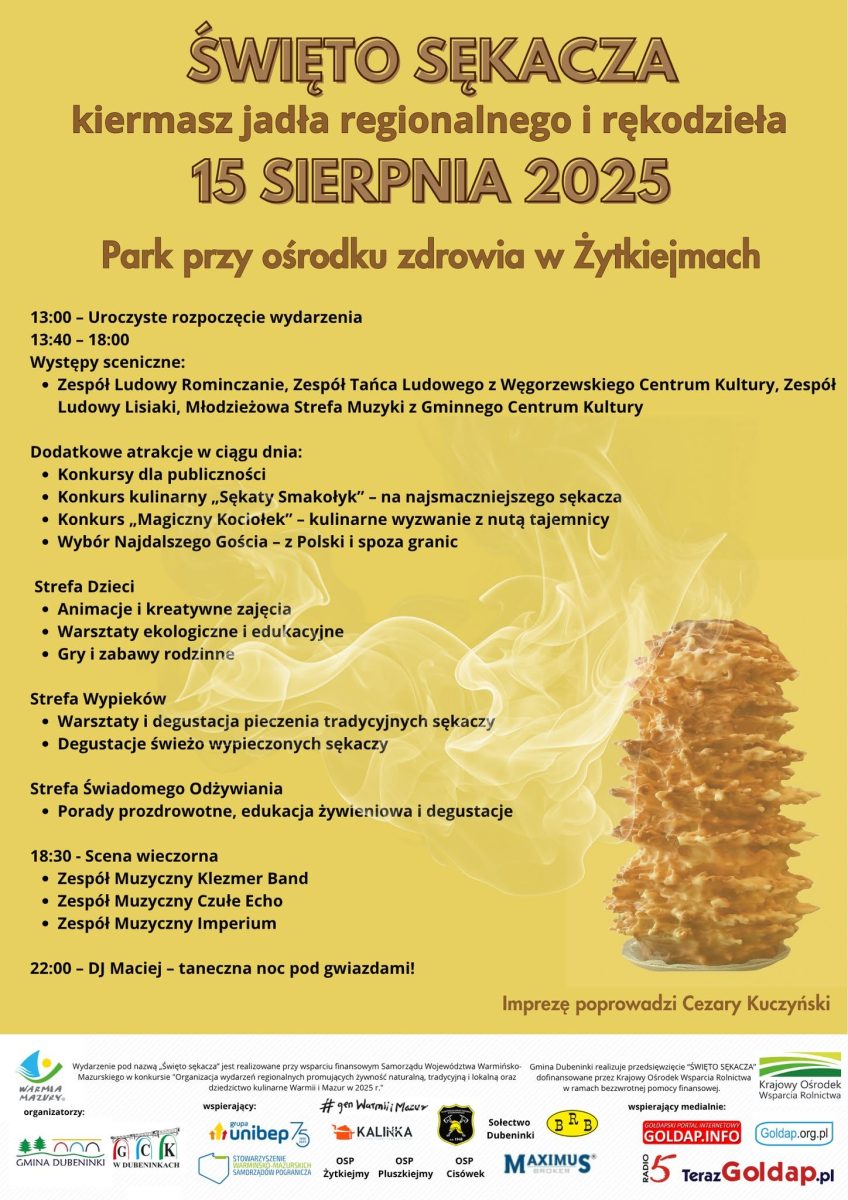 Plakat zapraszający w sobotę 15 sierpnia 2026 r. do miejscowości Żytkiejmy w powiecie gołdapskim, w gminie Dubeninki na Święto Sękacza Żytkiejmy 2026