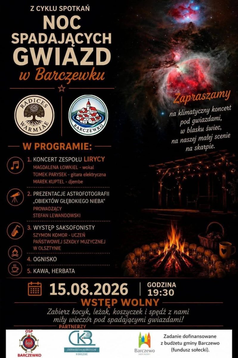 Plakat zapraszający w sobotę 15 sierpnia 2026 r. do Barczewka na Noc spadających Gwiazd Barczewko 2026 