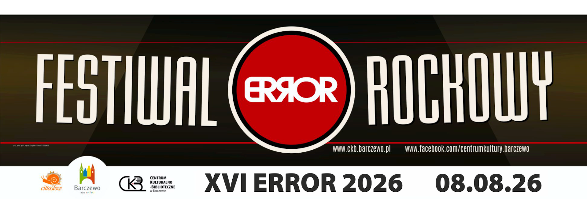 Plakat zapraszający w sobotę 8 sierpnia 2026 r. do Barczewa na kolejną edycję Festiwalu Rockowego ERROR Barczewo 2026.