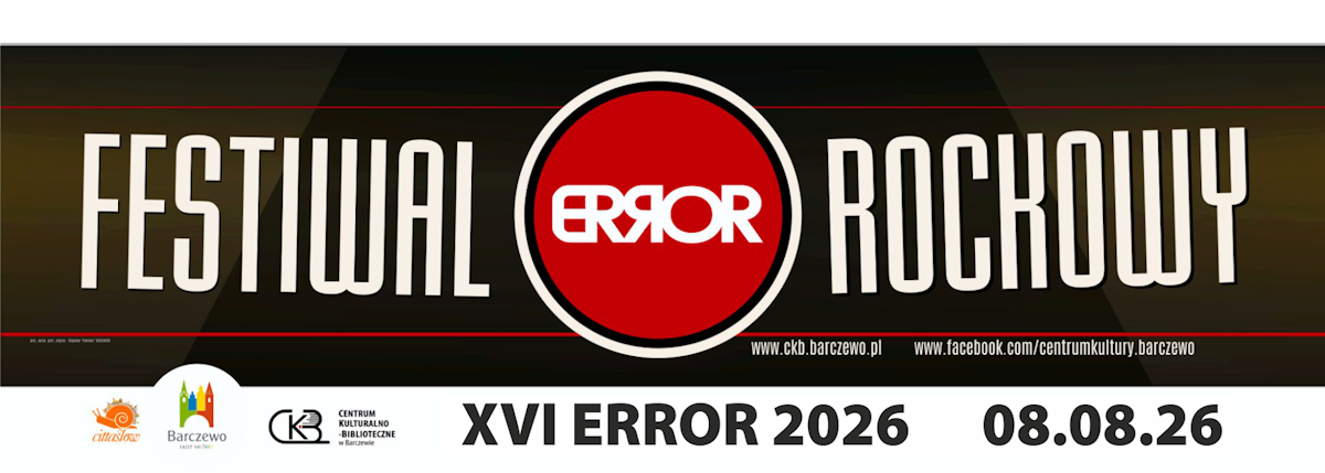 Plakat zapraszający w sobotę 8 sierpnia 2026 r. do Barczewa na kolejną edycję Festiwalu Rockowego ERROR Barczewo 2026.